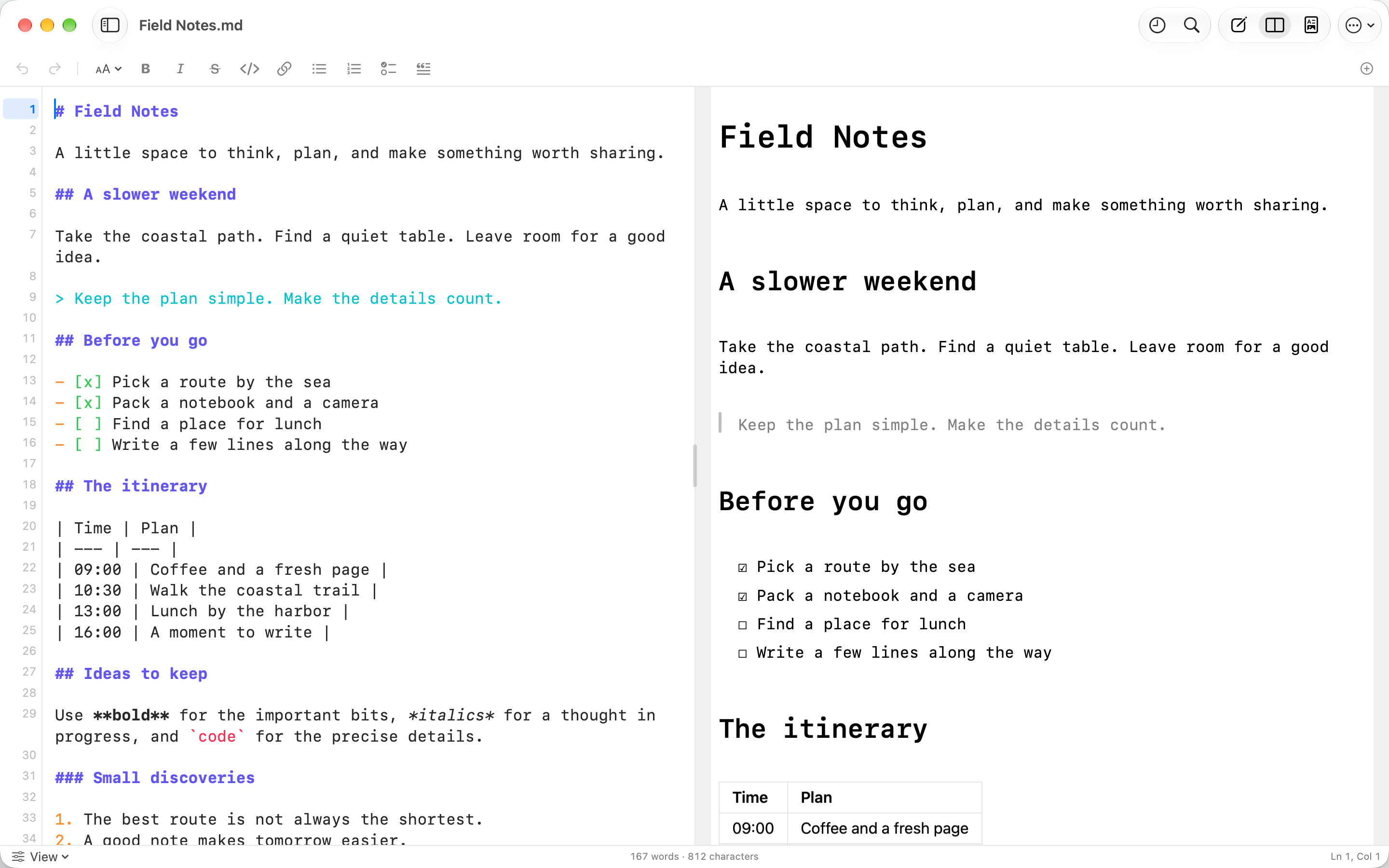Preview of the upcoming Markling update on Mac, showing Split view with a fictional Field Notes document.