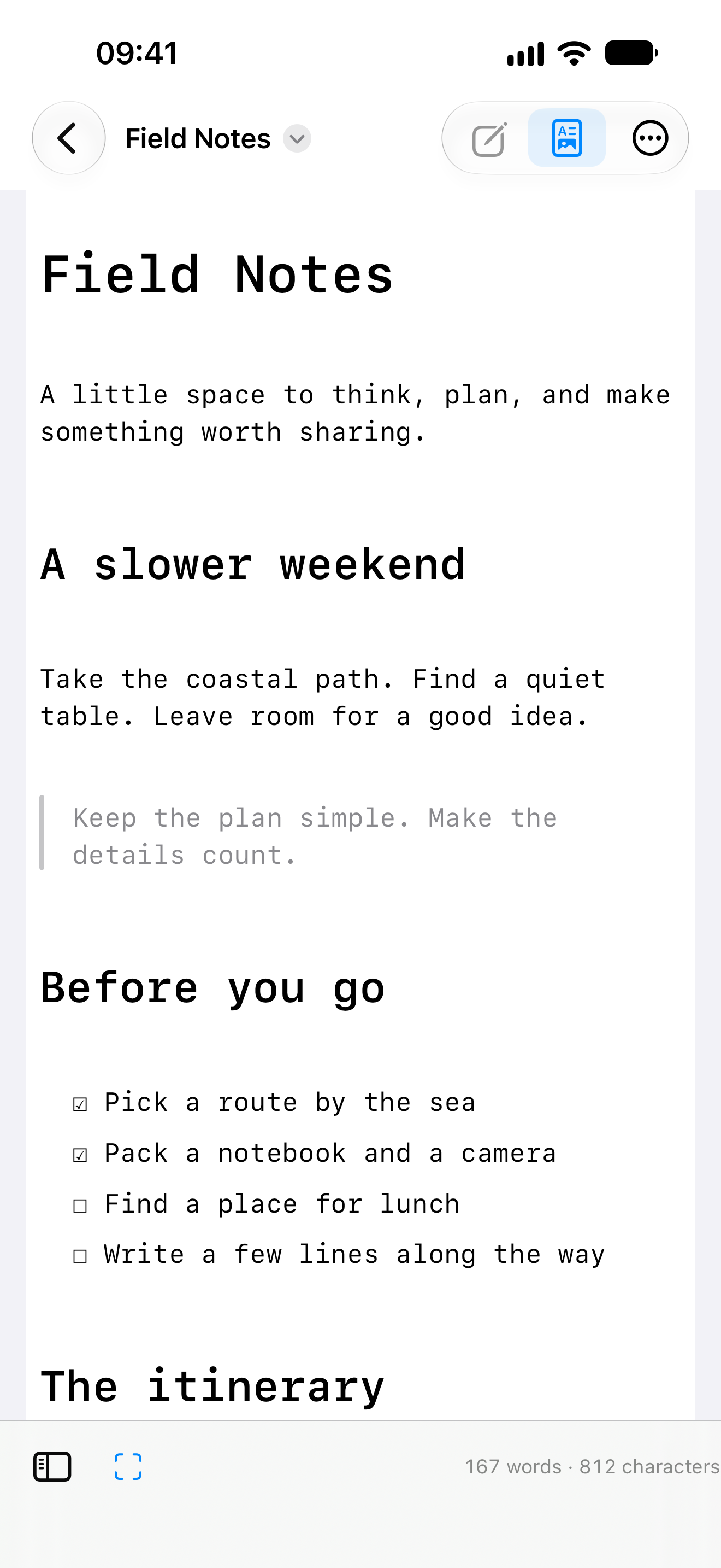 Preview of the upcoming Markling update on iPhone, showing a fictional Field Notes document in read-only Preview.