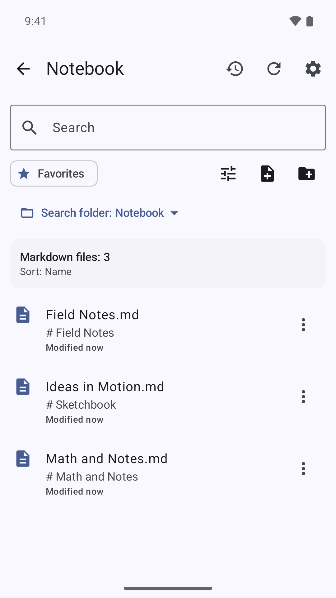 Preview of the upcoming Markling update on Android, showing the Notebook workspace with search, favorites and fictional Markdown files.